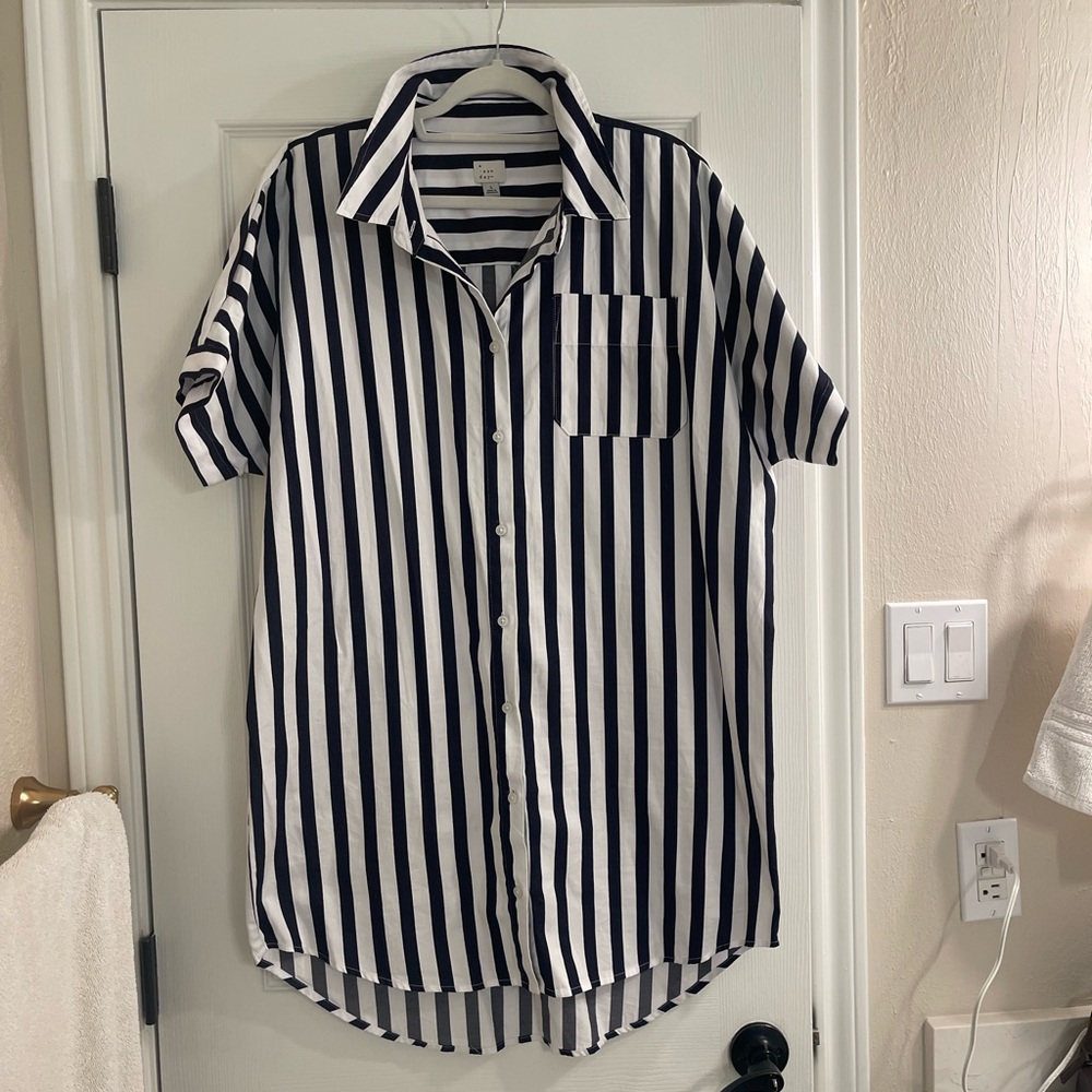 Navy and white striped shirt dress